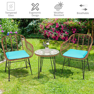 3 Pieces Patio Rattan Bistro Set with Cushion-Turquoise