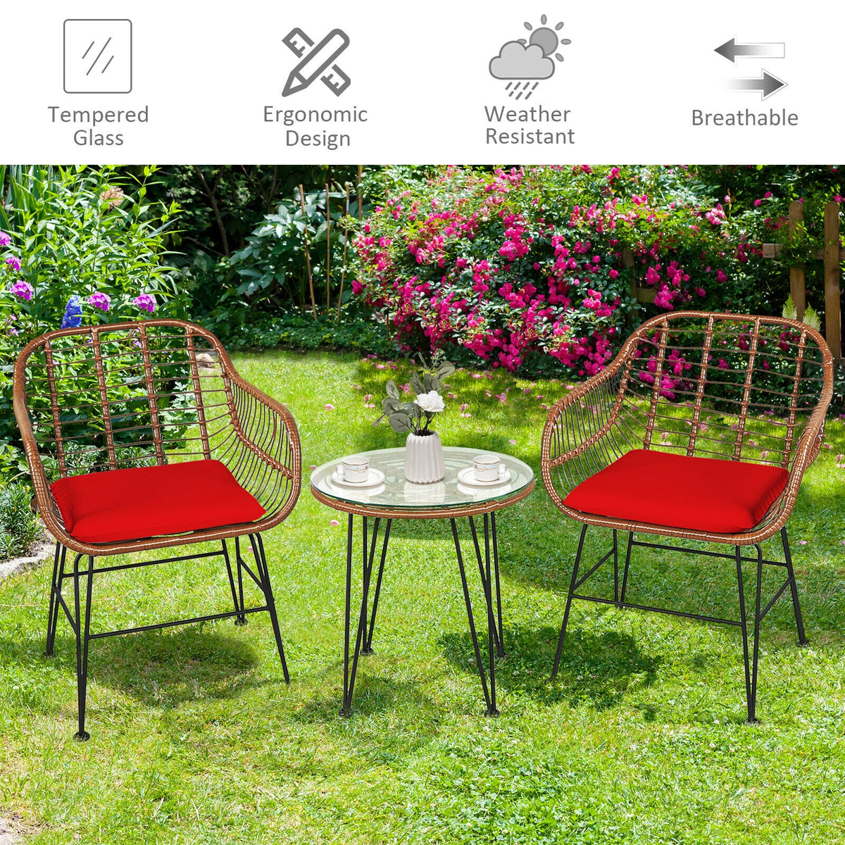 3 Pieces Patio Rattan Bistro Set with Cushion-Red