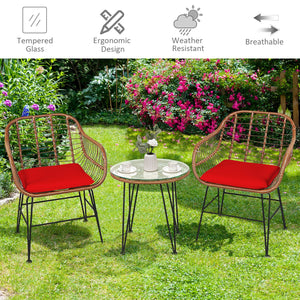 3 Pieces Patio Rattan Bistro Set with Cushion-Red