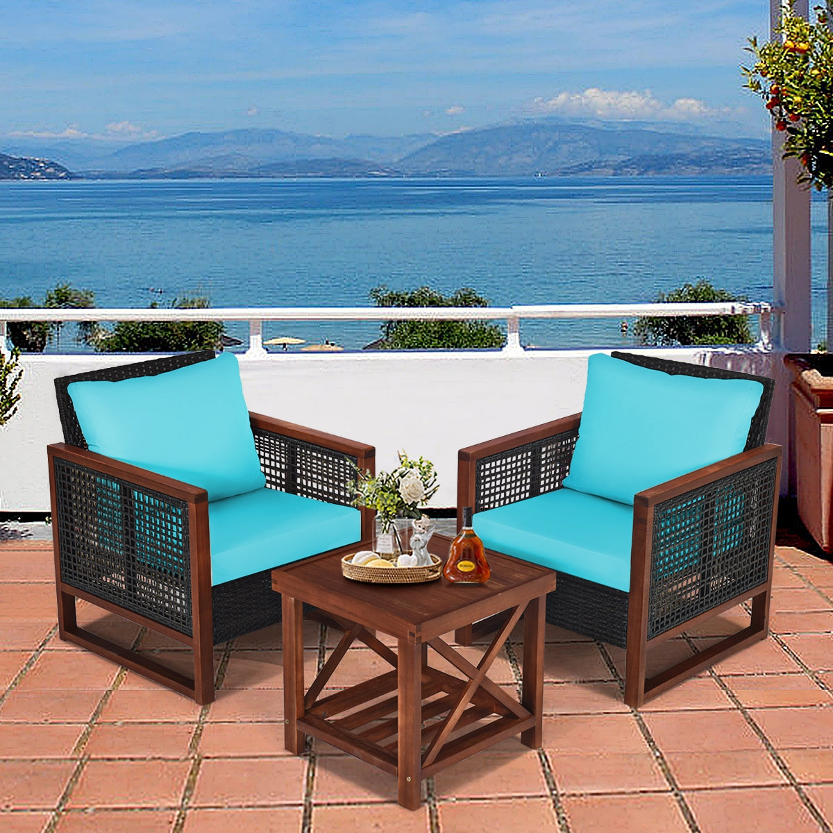 3 Pieces Patio Wicker Furniture Set with Washable Cushion and Acacia Wood Coffee Table-Beige