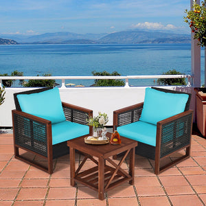 3 Pieces Patio Wicker Furniture Set with Washable Cushion and Acacia Wood Coffee Table-Beige