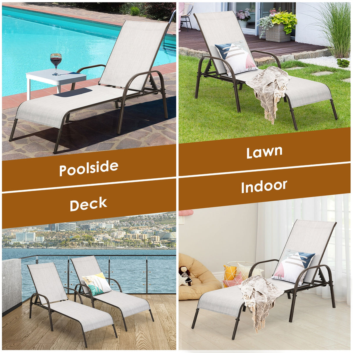 2 Pcs Outdoor Patio Lounge Chair Chaise Fabric with Adjustable Reclining Armrest