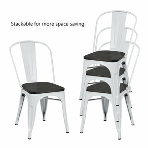 4 Pieces Tolix Style Metal Dining Side Chair Stackable Wood Seat-White