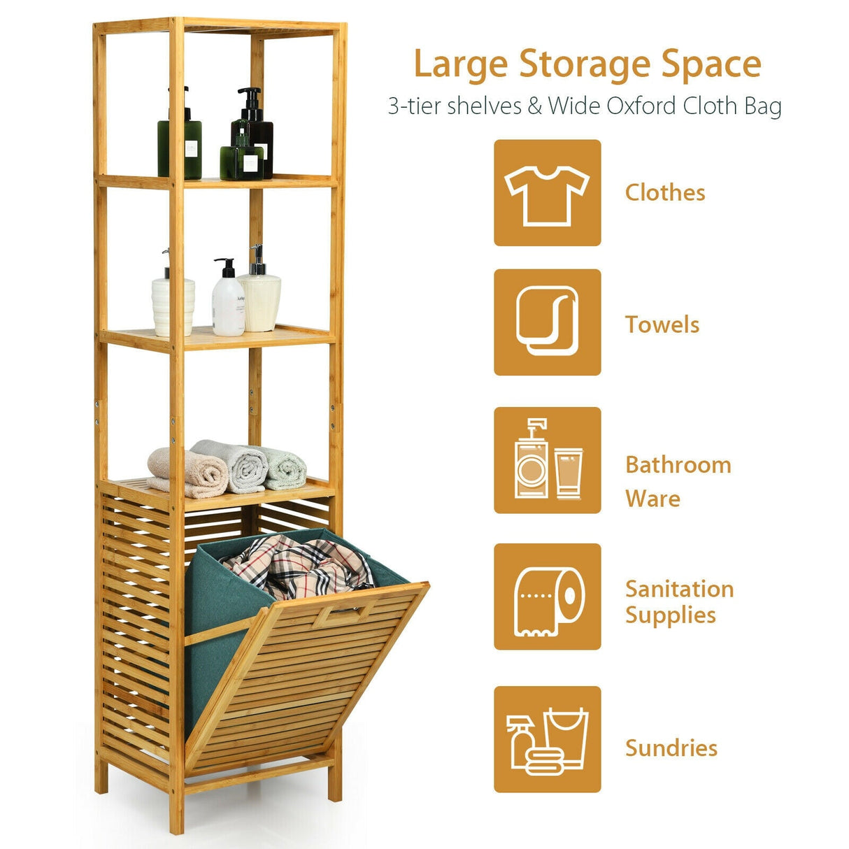 Bamboo Tower Hamper Organizer with 3-Tier Storage Shelves-Natural by DirectDeals