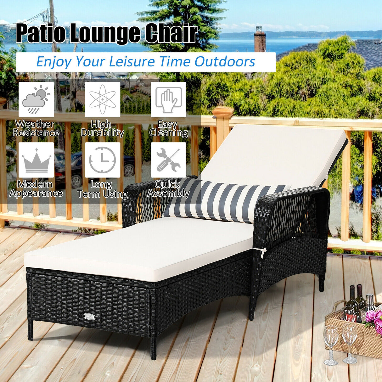 PE Rattan Armrest Chaise Lounge Chair with Adjustable Pillow-Off White