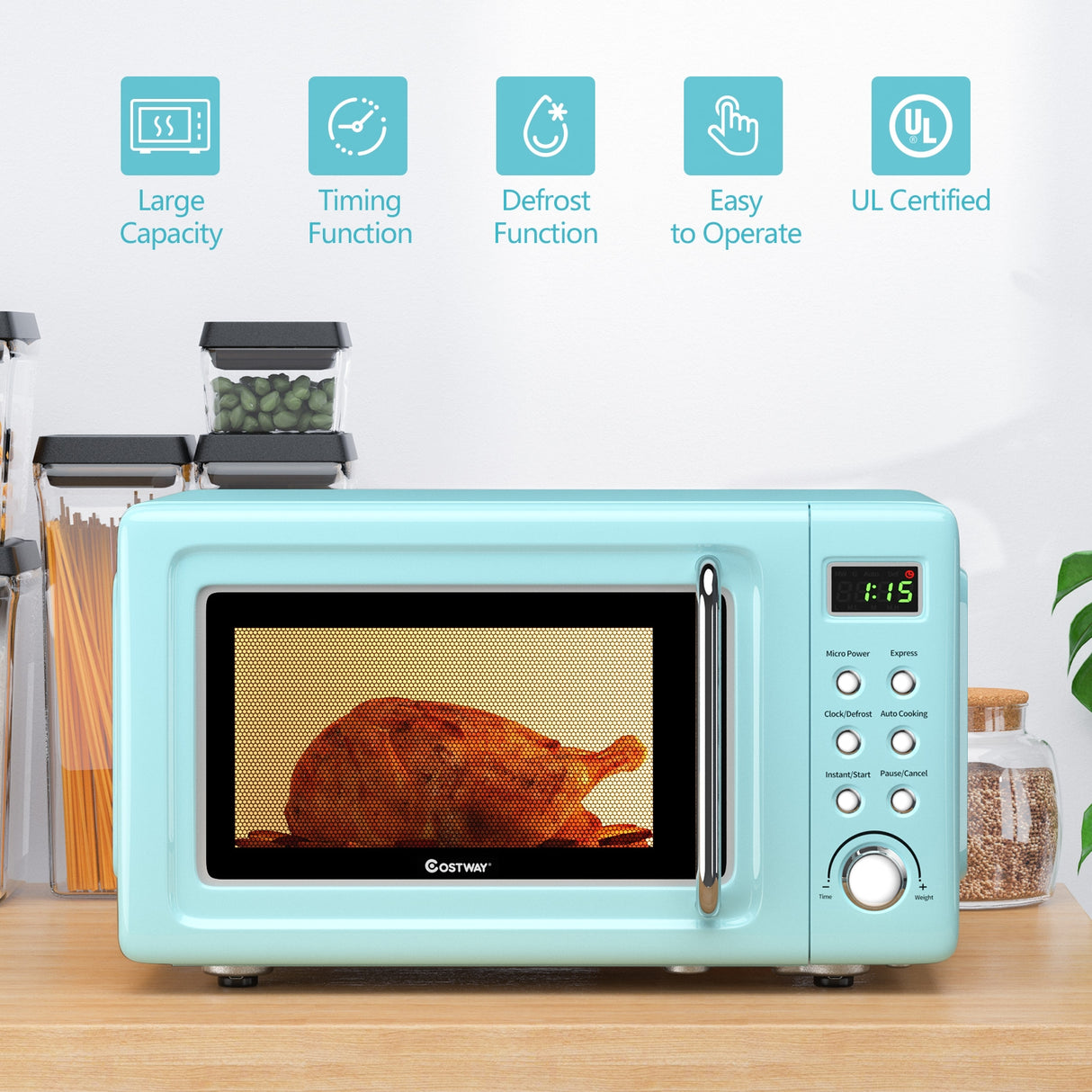 700W Retro Countertop Microwave Oven with 5 Micro Power and Auto Cooking Function-White