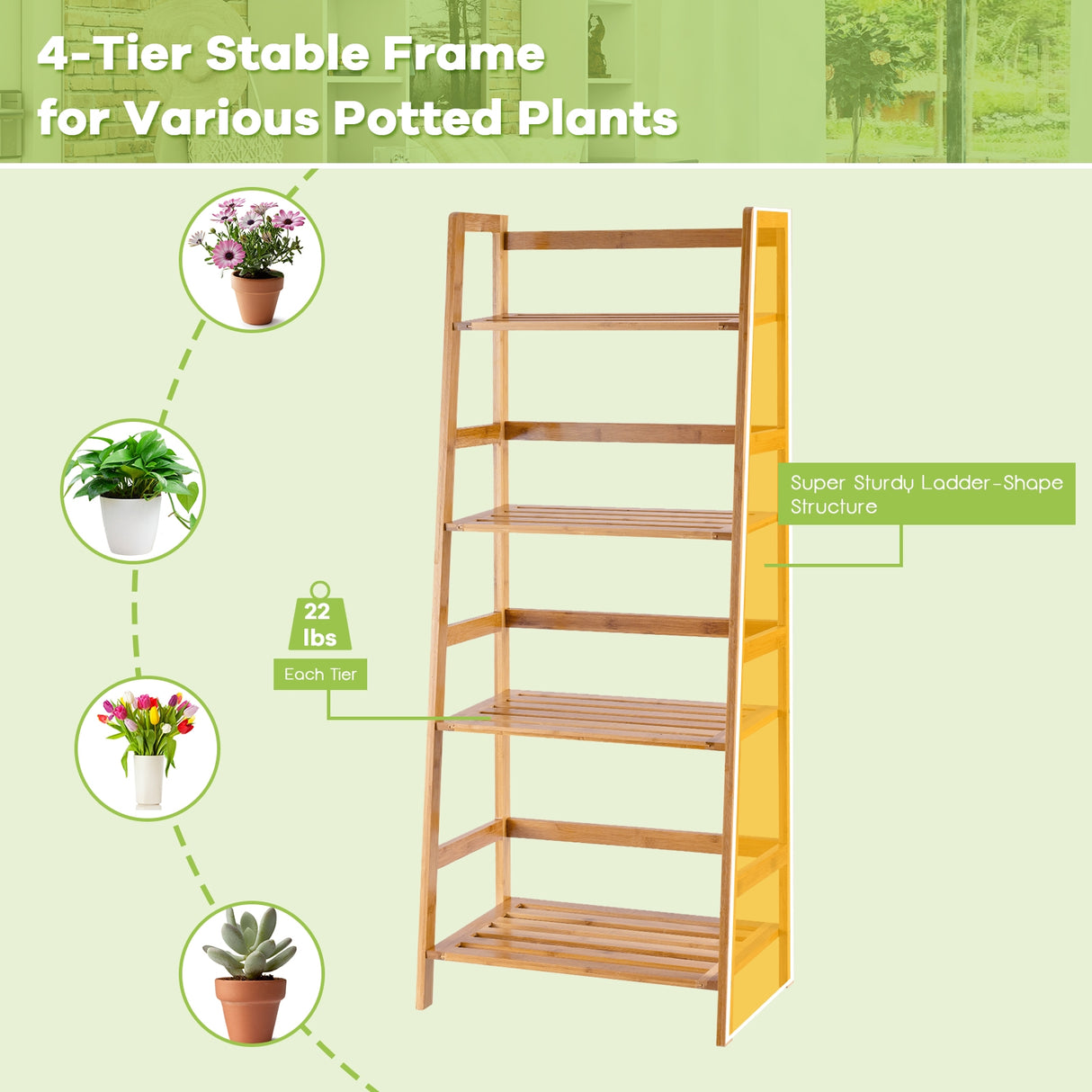 4-Tier Bamboo Plant Rack with Guardrails Stable and Space-Saving-Natural