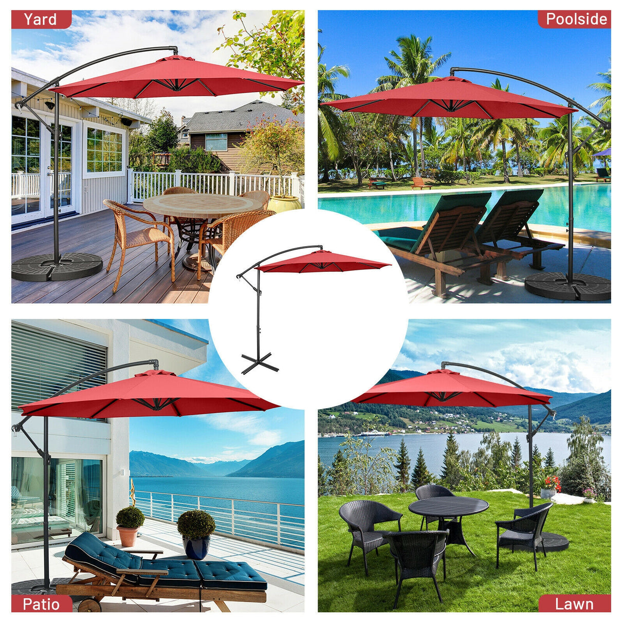 10 Feet Offset Umbrella with 8 Ribs Cantilever and Cross Base-Brown