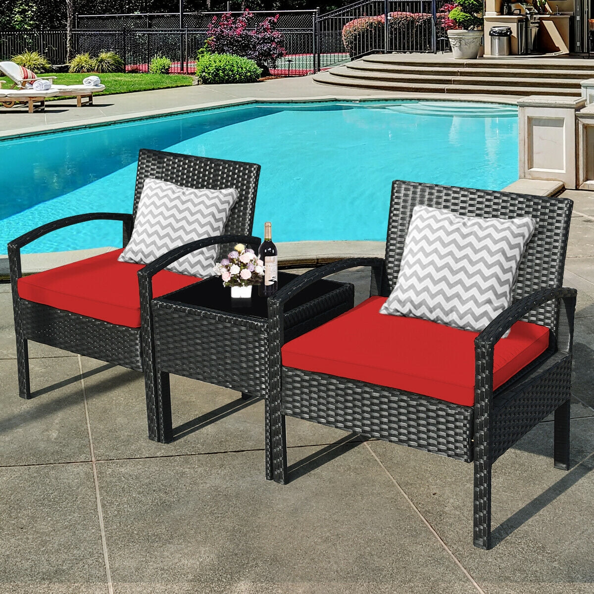 3 Pieces Outdoor Rattan Patio Conversation Set with Seat Cushions-White