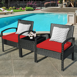 3 Pieces Outdoor Rattan Patio Conversation Set with Seat Cushions-White