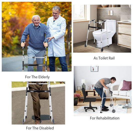 Folding Height Adjustable Walking Frame with Armrest Support-Silver