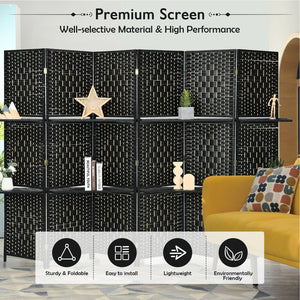 6 Panel Folding Weave Fiber Room Divider with 2 Display Shelves -Brown