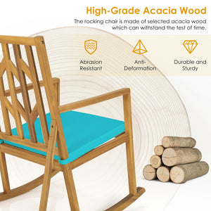 Patio Acacia Wood Rocking Chair Sofa with Armrest and Cushion for Garden and Deck-Red