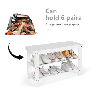 3-Tier Bamboo Shoe Bench Holds up to 6 Pairs for Entry-White