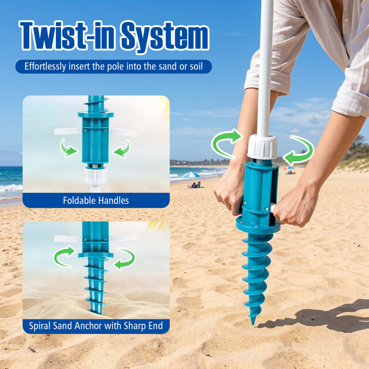 6.5 FT Beach Umbrella UPF 50+ with Sand Anchor for Garden Pool-Blue