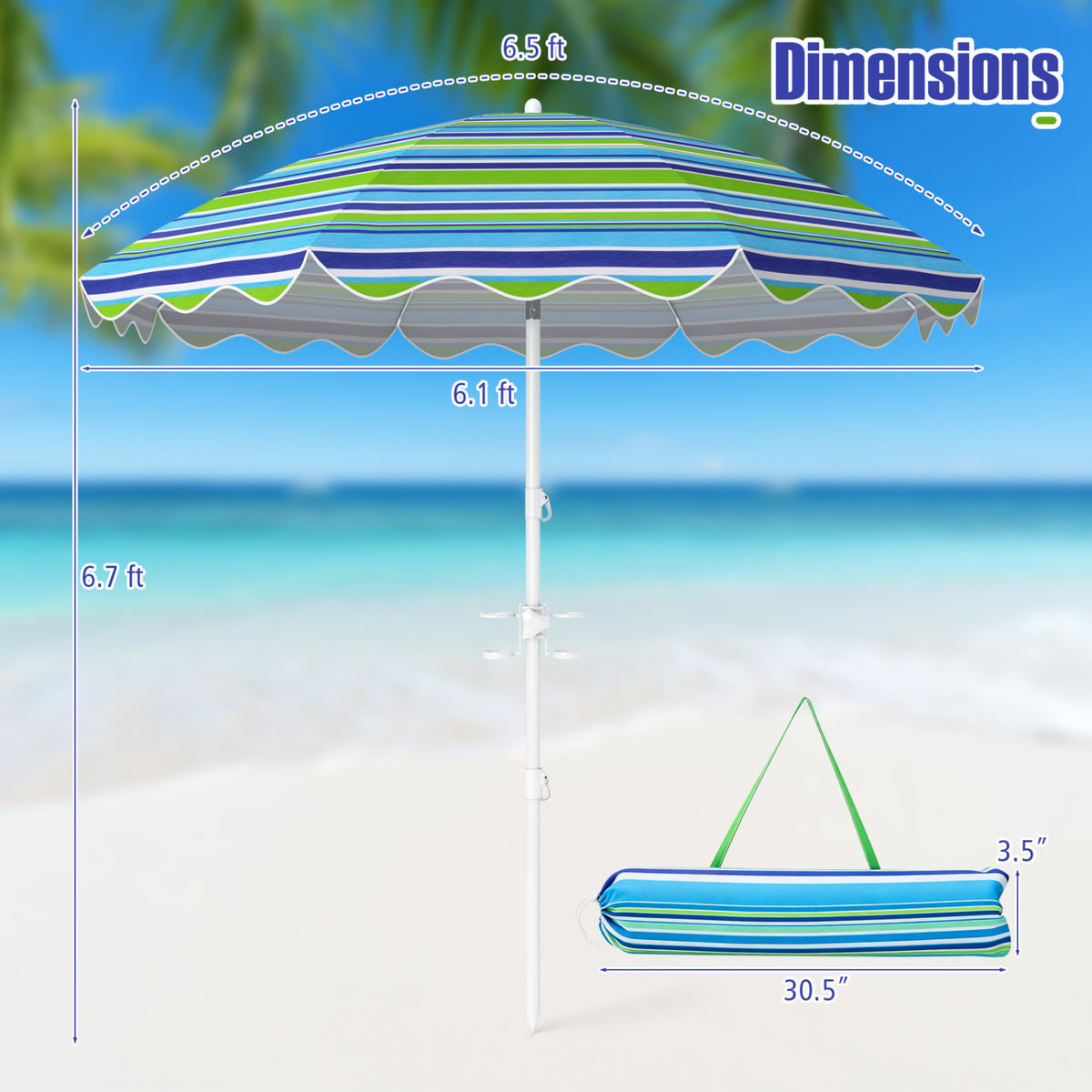 6.5 FT Beach Umbrella UPF 50+ with Sand Anchor for Garden Pool-Green
