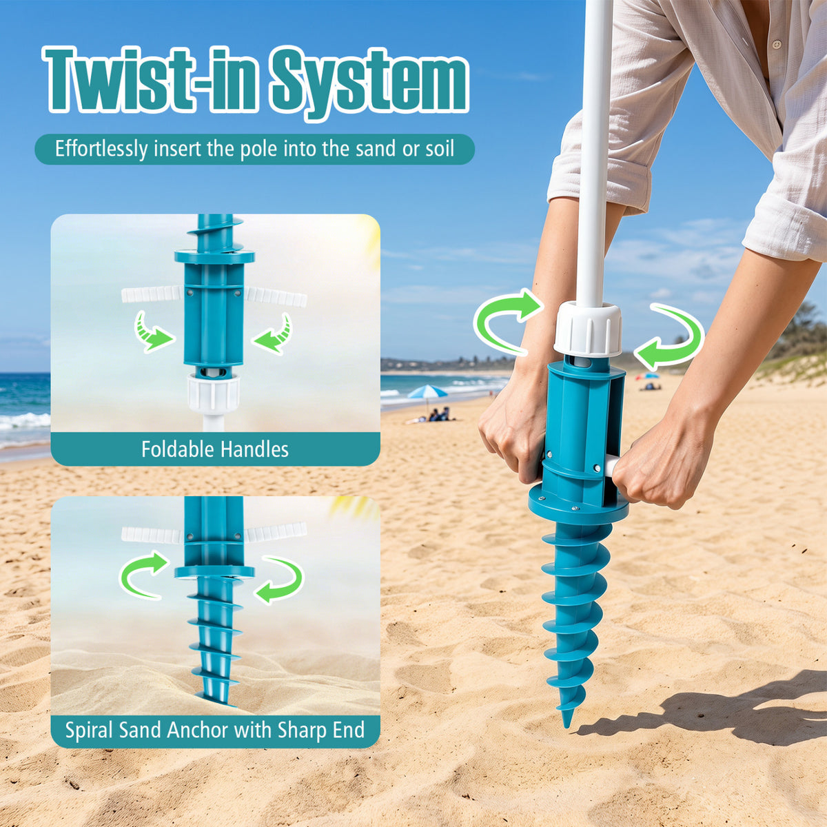 6.5 FT Beach Umbrella UPF 50+ with Sand Anchor for Garden Pool-Turquoise