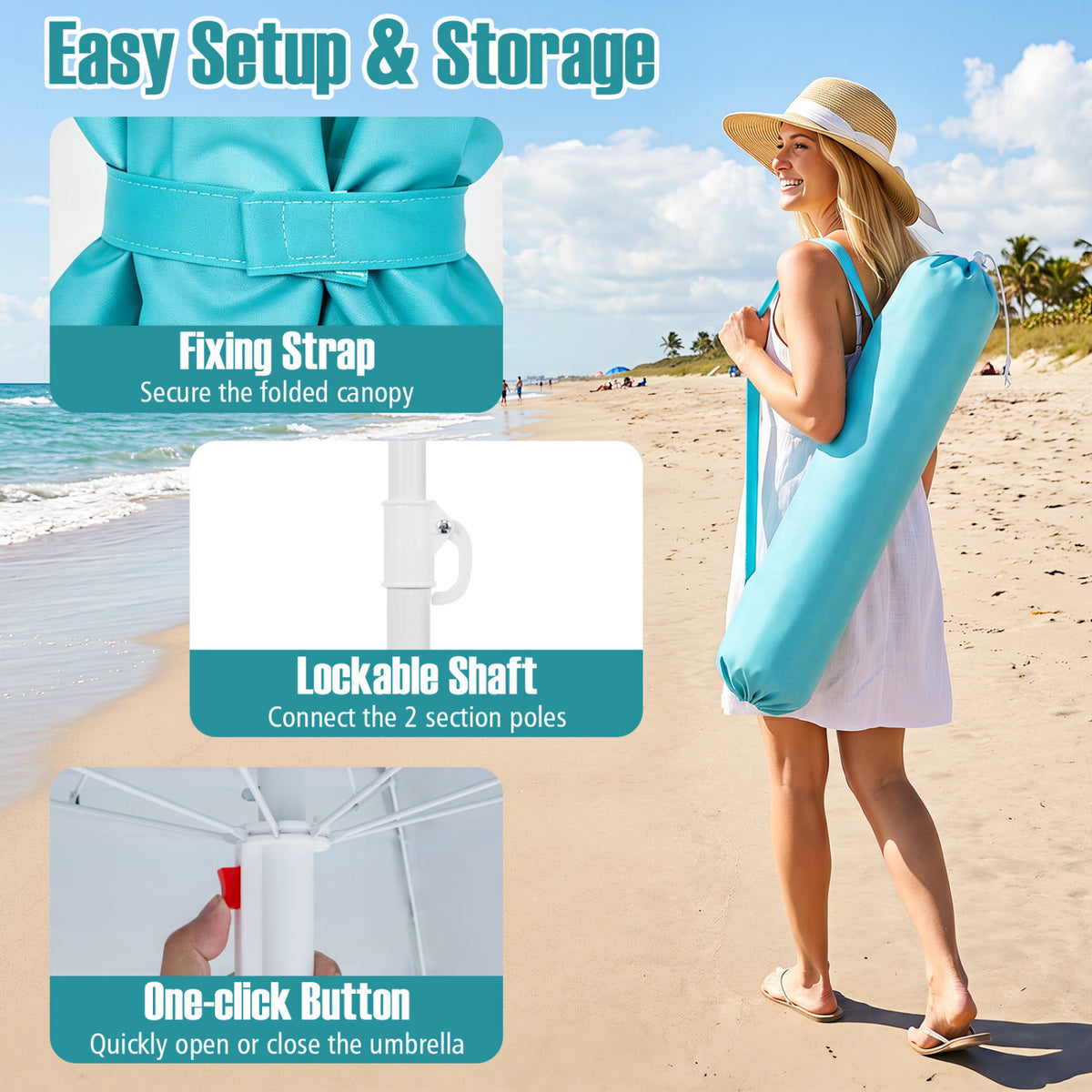 6.5 FT Beach Umbrella UPF 50+ with Sand Anchor for Garden Pool-Turquoise