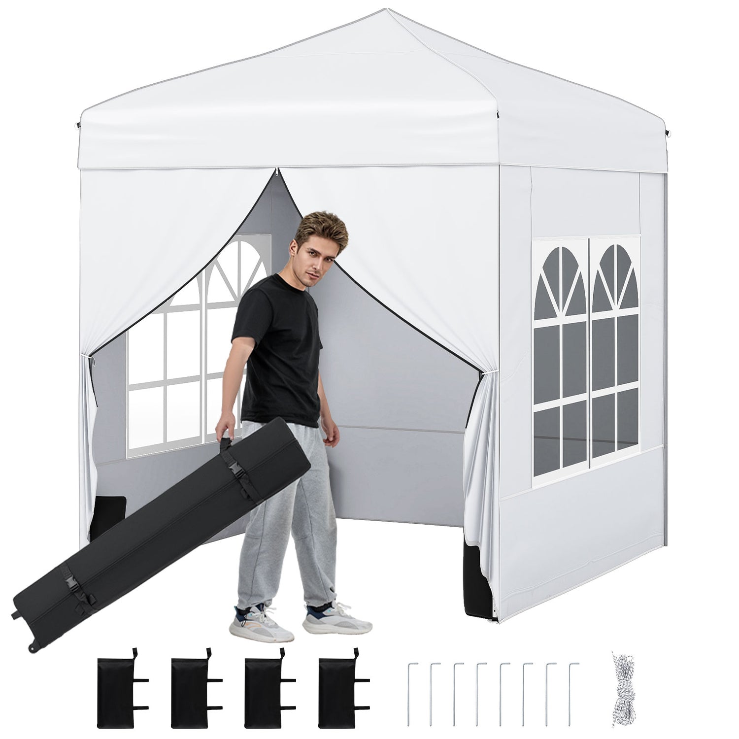 6.5 x 6.5 FT Pop up Canopy Tent with 4 Sidewalls and Wheeled Bag-white