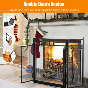 3-Panel Folding Wrought Iron Fireplace Screen with Doors and 4 Pieces Tools Set-Black
