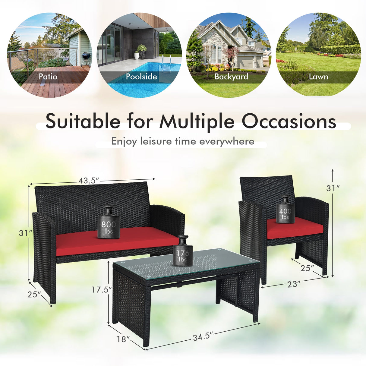 4 Pieces Rattan Patio Furniture Set with Weather Resistant Cushions and Tempered Glass Tabletop-White