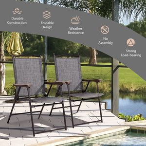 Set of 2 Patio Folding Sling Back Camping Deck Chairs-Black