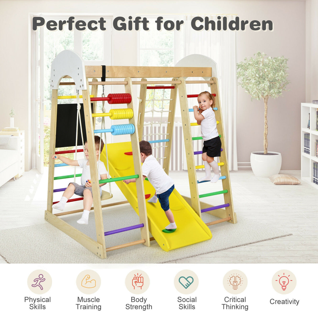 Indoor Playground Climbing Gym Wooden 8-in-1 Climber Playset for Children-Natural