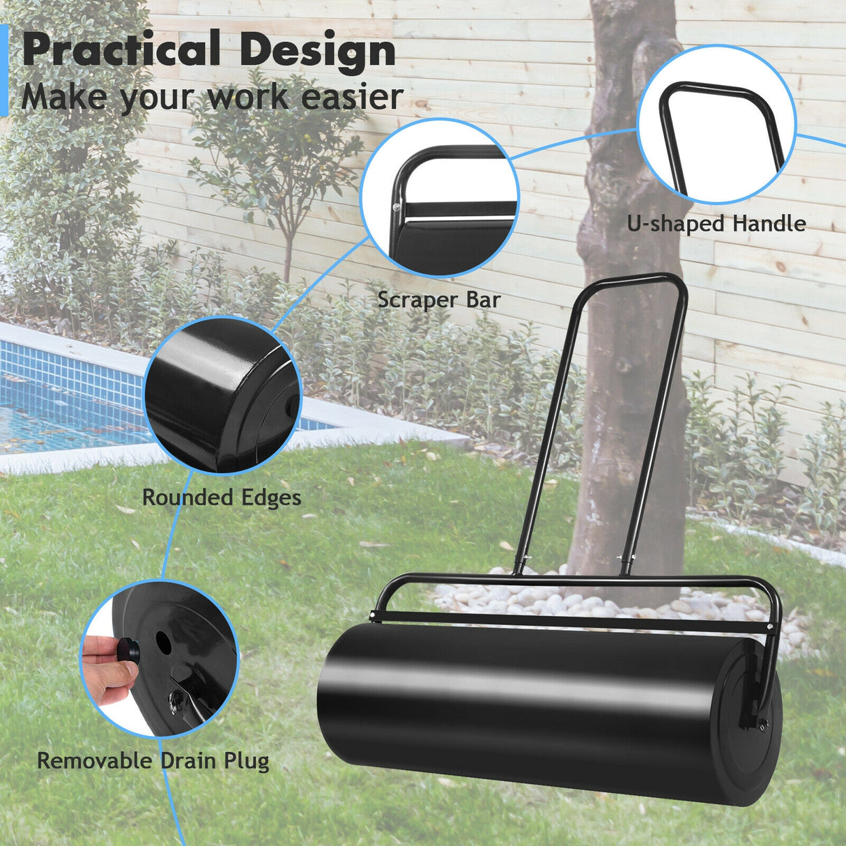 36 x 12 Inches Tow Lawn Roller Water Filled Metal Push Roller