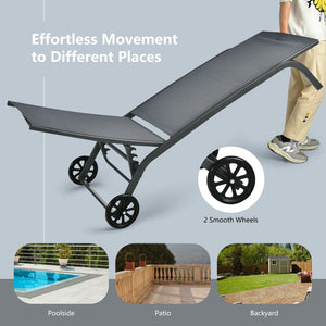 6-Poisition Adjustable Outdoor Chaise Recliner with Wheels-Black