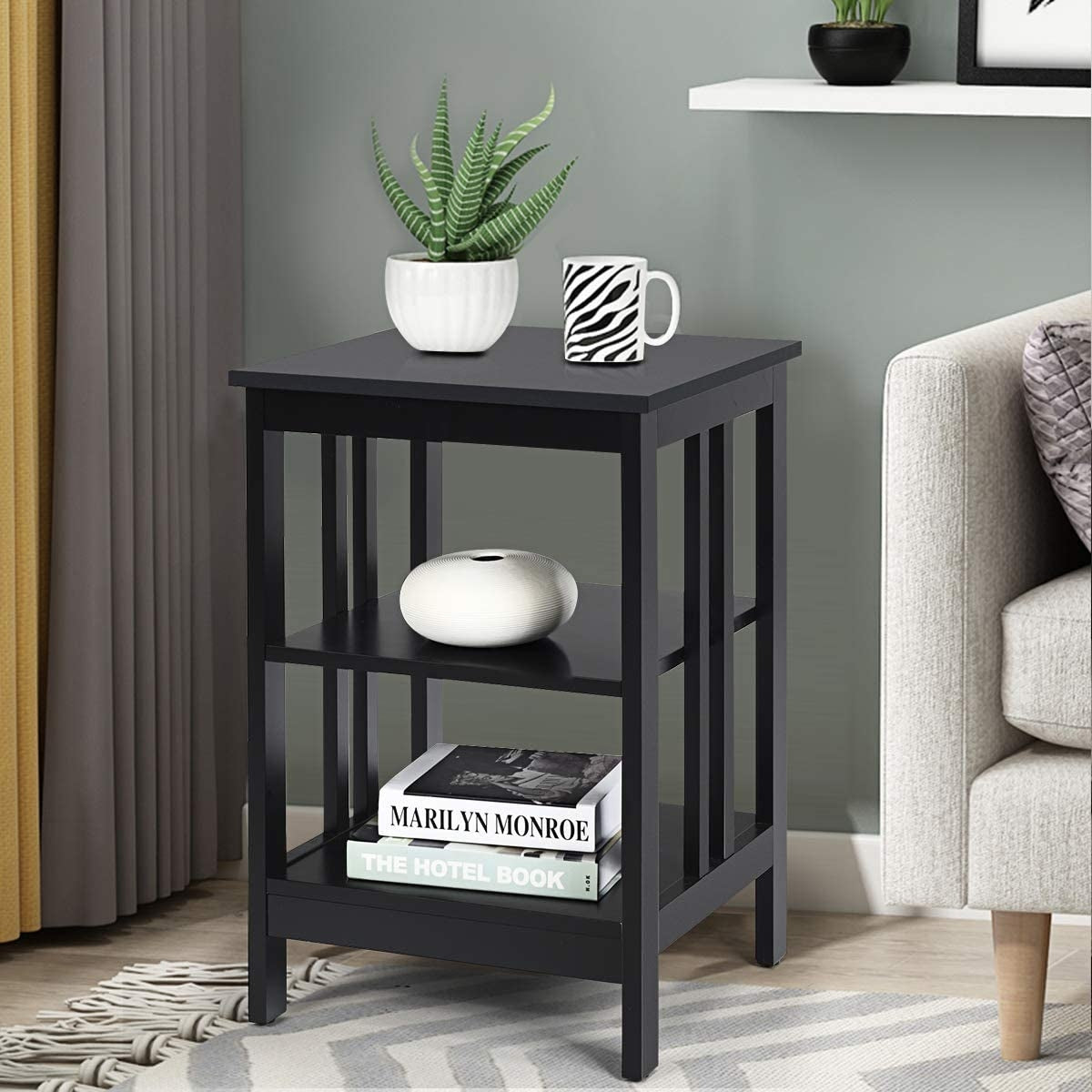 2 Pieces 3-Tier Nightstand with Reinforced Bars and Stable Structure-Dark Brown
