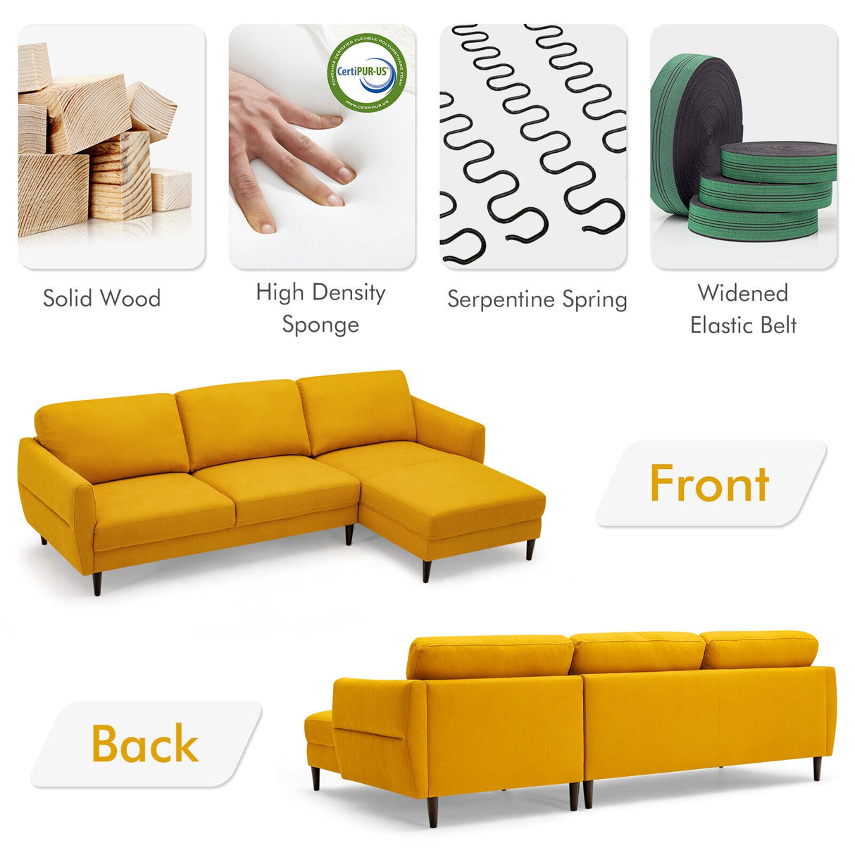 L-Shaped Fabric Sectional Sofa with Chaise Lounge and Solid Wood Legs-Navy