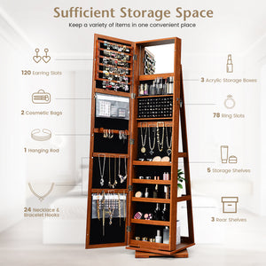 360 ° Rotatable 2-in-1 Lockable Jewelry Cabinet with Full-Length Mirror-Brown