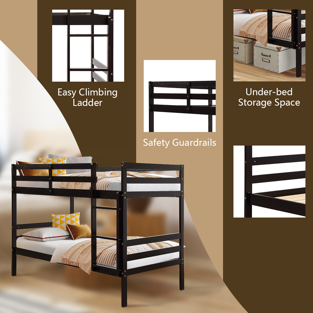 Twin Bunk Bed Children Wooden Bunk Beds Solid Hardwood-White