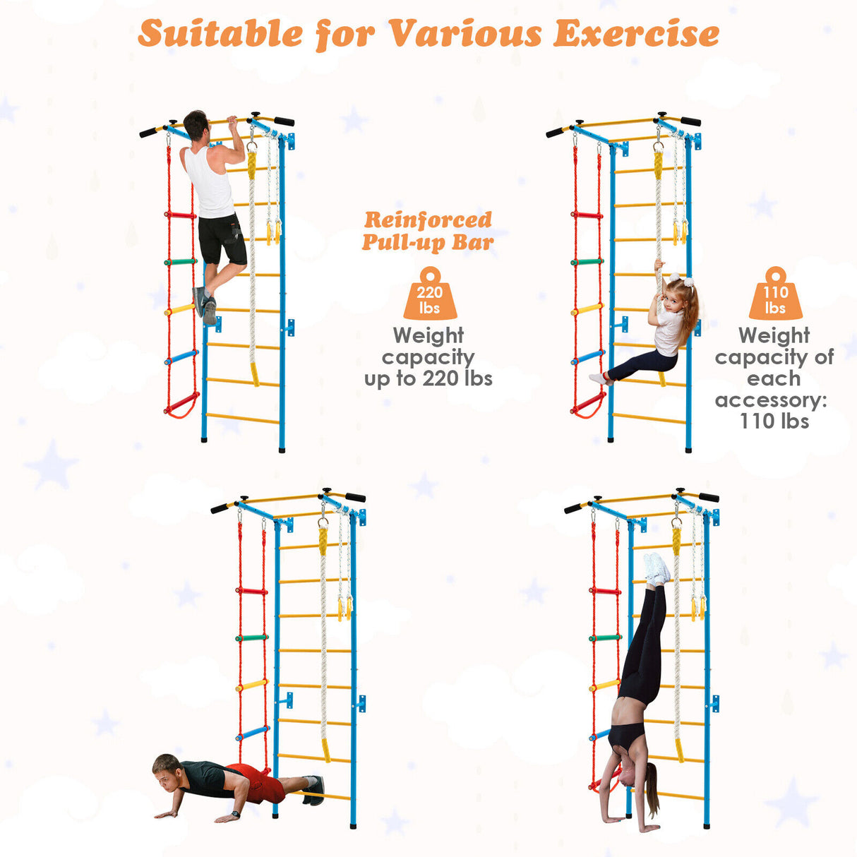 7 In 1 Kids Indoor Gym Playground Swedish Wall Ladder for Solid Wall-Yellow