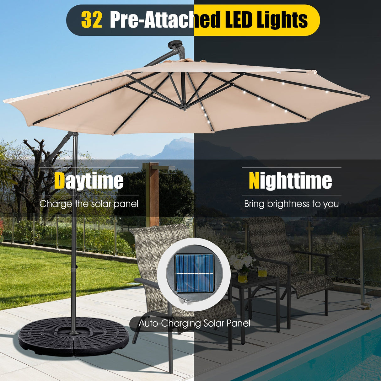 10 Feet Patio Solar Powered Cantilever Umbrella with Tilting System-Beige by DirectDeals