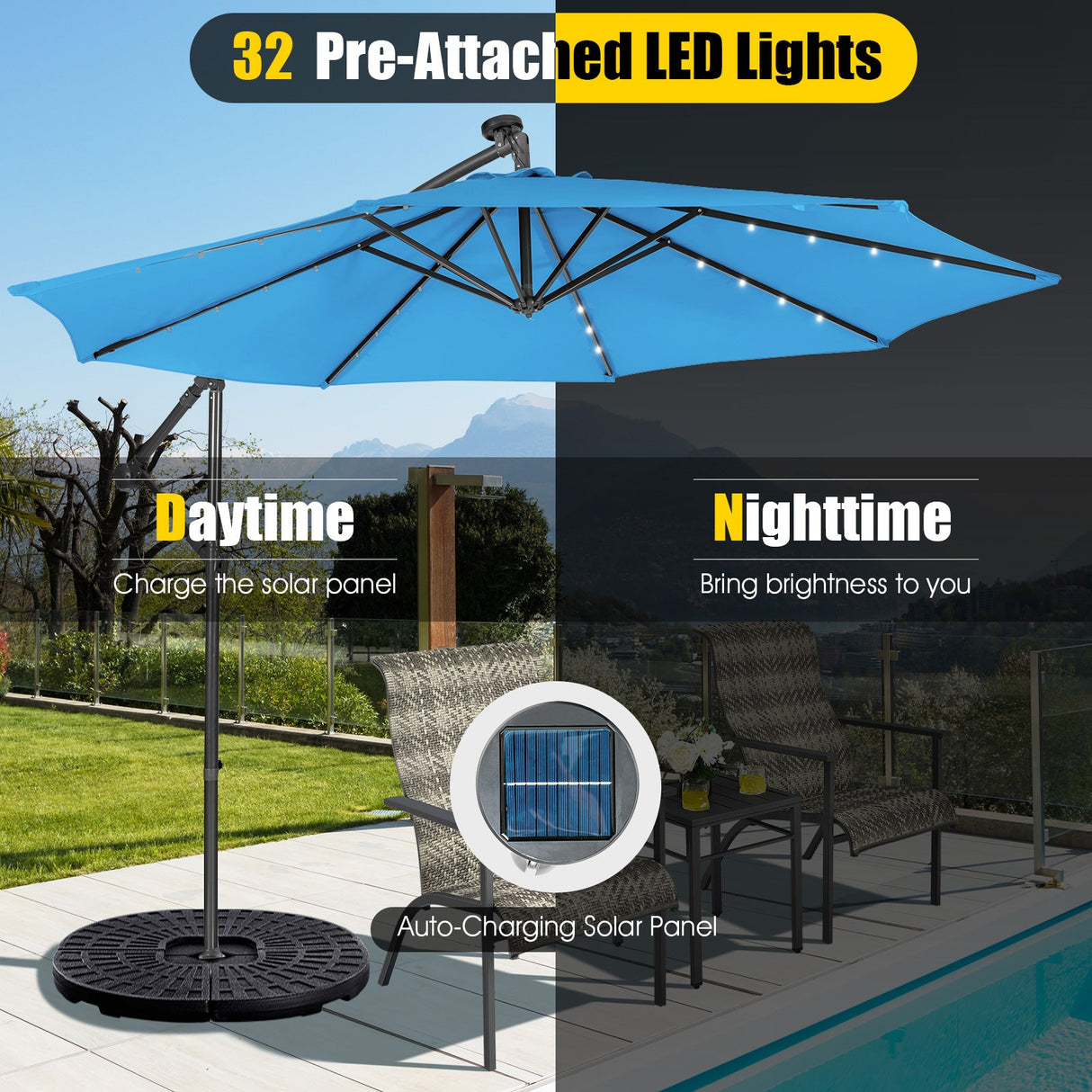 10 Feet Patio Solar Powered Cantilever Umbrella with Tilting System-Blue by DirectDeals