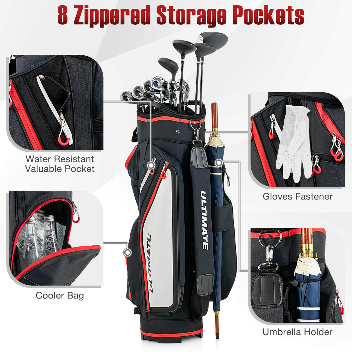 9.5 Inch Golf Cart Bag with 14 Way Dividers Top Organizer-Black