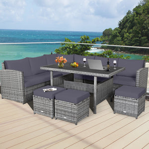 7 Pieces Patio Rattan Dining Furniture Sectional Sofa Set with Wicker Ottoman-Red