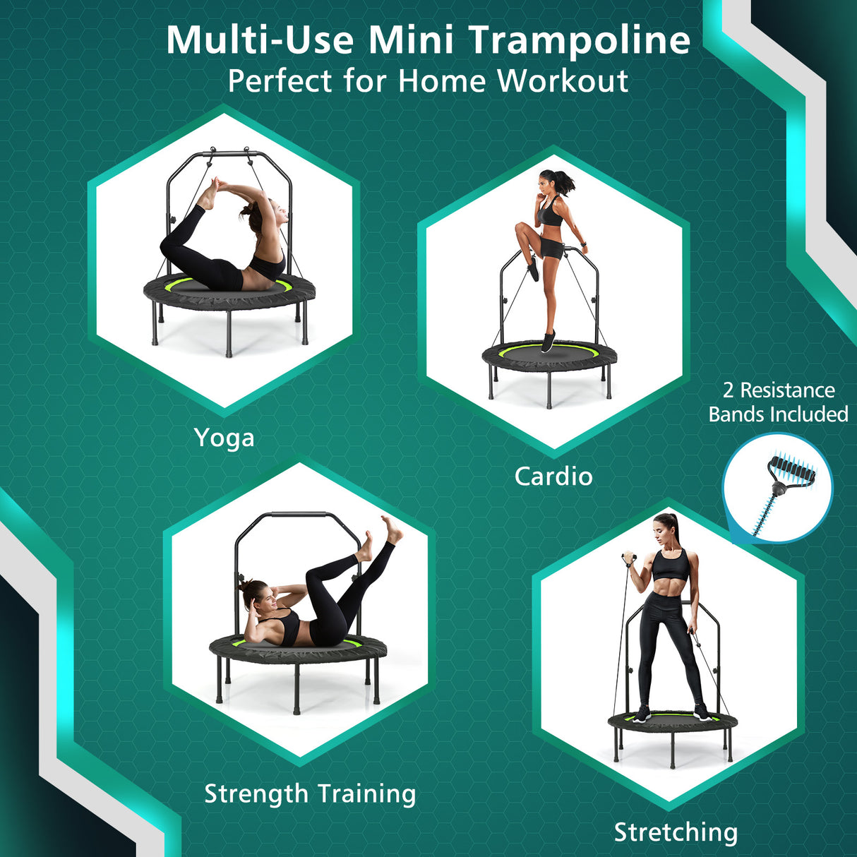 40 Inch Foldable Fitness Rebounder with Resistance Bands Adjustable Home-Blue