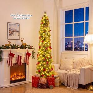 6/7/8 FT Pre-Lit Pencil Artificial Christmas Tree with 120/150/200 LED Warm White Lights and 8 Modes-M