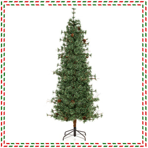 6/7/8 Feet Artificial Christmas Tree Pre-lit Hinged Xmas Tree with Warm White LED Lights and Pine Cones-7ft