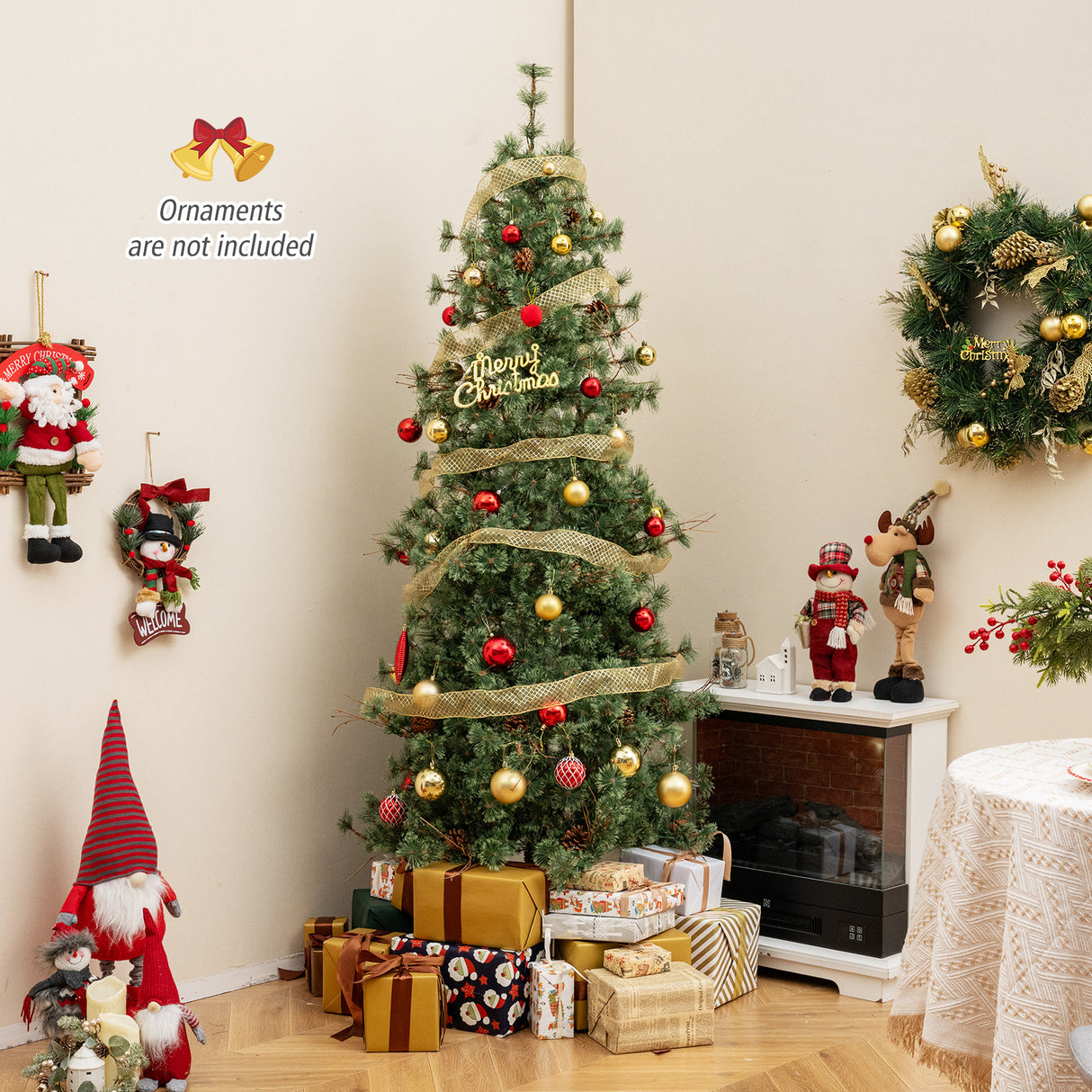 6/7/8 Feet Artificial Christmas Tree Pre-lit Hinged Xmas Tree with Warm White LED Lights and Pine Cones-7ft