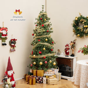 6/7/8 Feet Artificial Christmas Tree Pre-lit Hinged Xmas Tree with Warm White LED Lights and Pine Cones-7ft