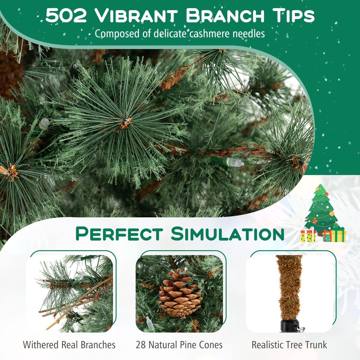 6/7/8 Feet Artificial Christmas Tree Pre-lit Hinged Xmas Tree with Warm White LED Lights and Pine Cones-7ft