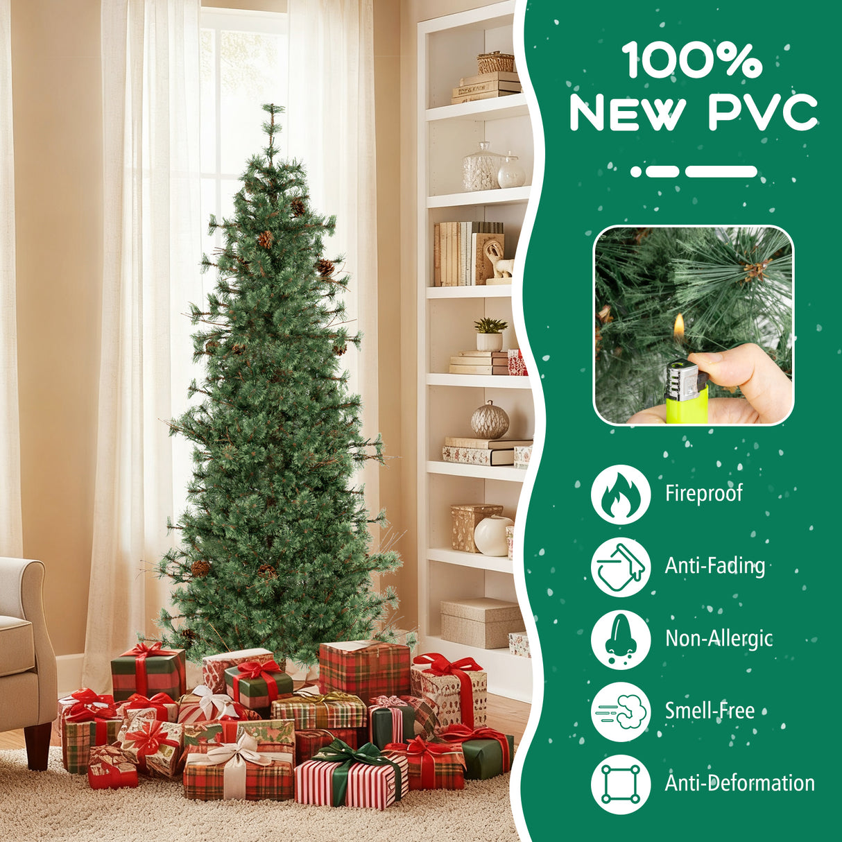 6/7/8 Feet Artificial Christmas Tree Pre-lit Hinged Xmas Tree with Warm White LED Lights and Pine Cones-7ft