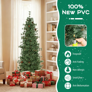 6/7/8 Feet Artificial Christmas Tree Pre-lit Hinged Xmas Tree with Warm White LED Lights and Pine Cones-7ft