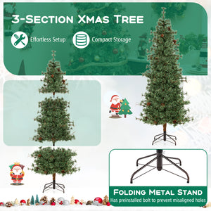 6/7/8 Feet Artificial Christmas Tree Pre-lit Hinged Xmas Tree with Warm White LED Lights and Pine Cones-7ft