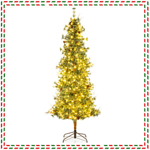 6/7/8 Feet Artificial Christmas Tree Pre-lit Hinged Xmas Tree with Warm White LED Lights and Pine Cones-8ft