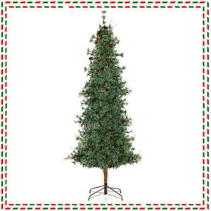 6/7/8 Feet Artificial Christmas Tree Pre-lit Hinged Xmas Tree with Warm White LED Lights and Pine Cones-8ft