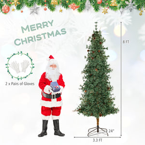 6/7/8 Feet Artificial Christmas Tree Pre-lit Hinged Xmas Tree with Warm White LED Lights and Pine Cones-8ft
